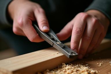Mains d'un artisan travaillant le bois avec un outil
