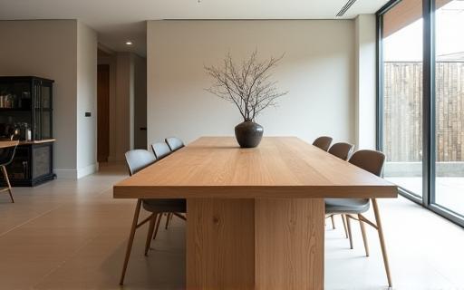 Grande table de salle à manger en chêne massif dans un intérieur moderne